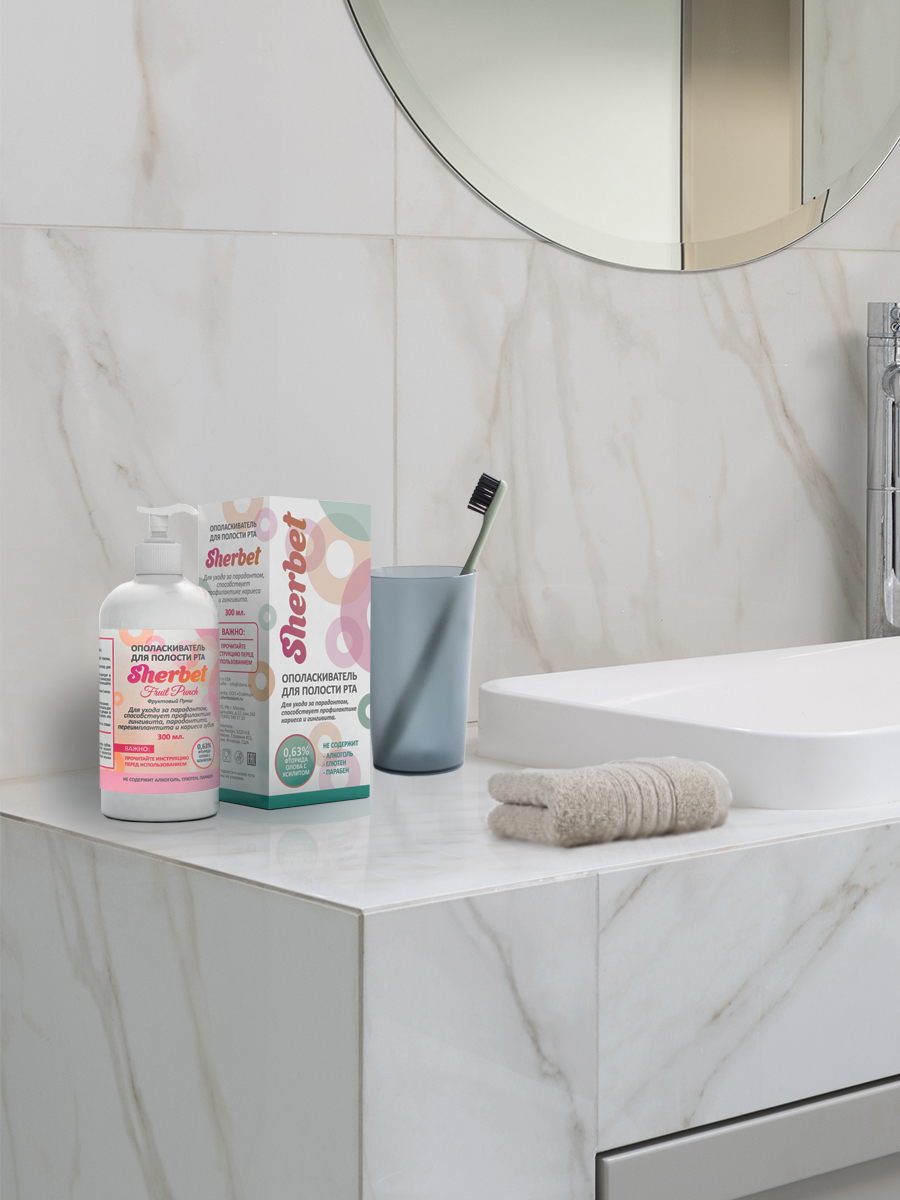 Средство гигиены полости рта: ополаскиватель для полости рта торговой марки «Sherbet», вкус фруктовый пунш (fruit punch), объем 300 мл.