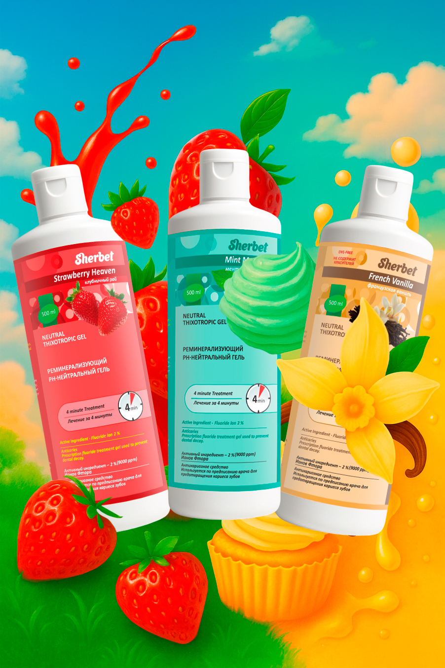 Реминерализующий рН-Нейтральный гель Sherbet Neutral Thixotropic Gel; Вкус Клубничный рай (Strawberry Heaven); объем 500 мл