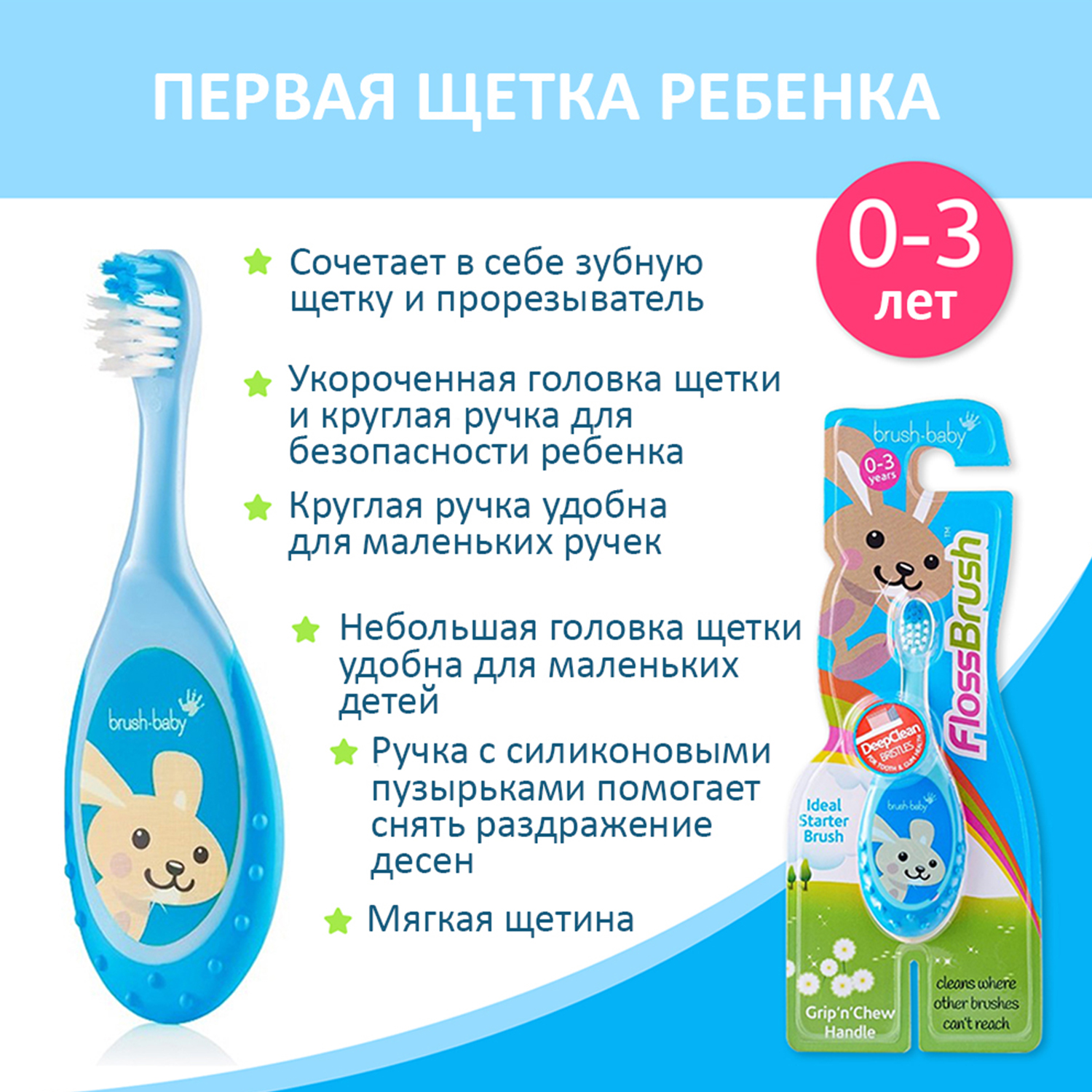 NEW Brush Baby - Щетка зубная детская (0 - 3 лет) FlossBrush (синяя)