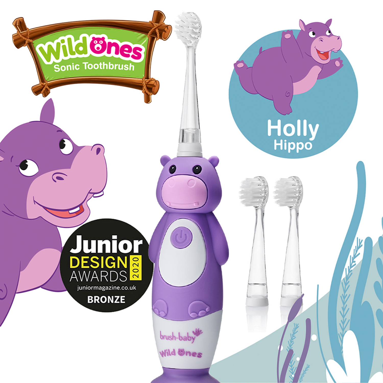 Brush-baby Детская электрическая зубная щетка Sonic WildOne, бегемот, от 0- 10 лет.