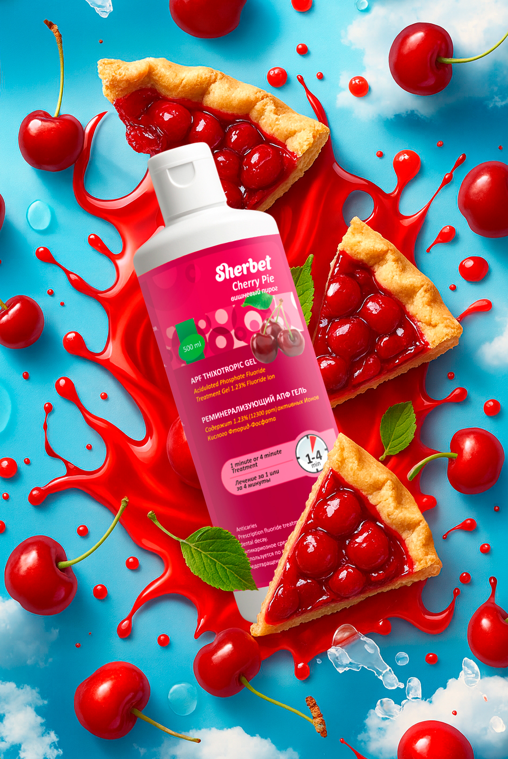 Реминерализующий АПФ гель Sherbet APF Thixotropic Gel; Вкус Вишневый пирог (Cherry Pie); объем 500 мл