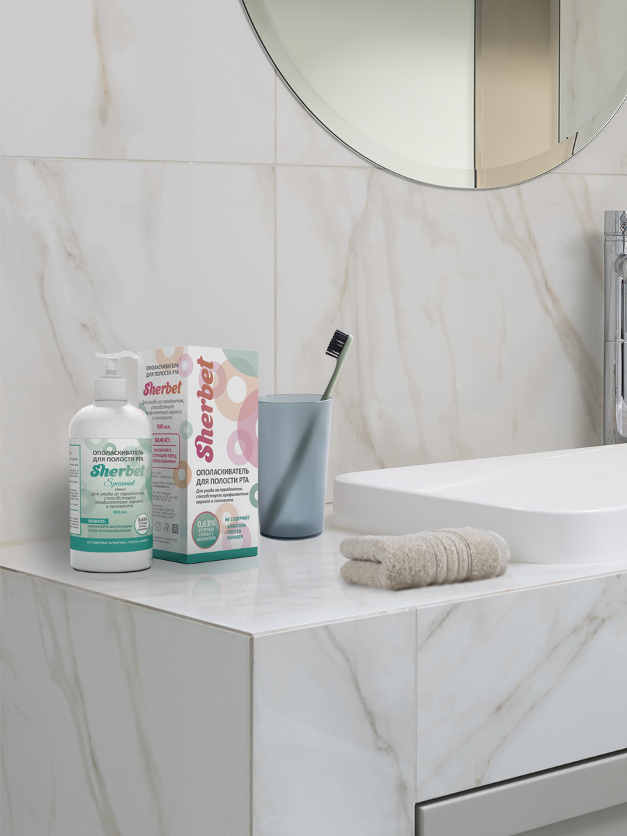 Средство гигиены полости рта: ополаскиватель для полости рта торговой марки «Sherbet», вкус мята (spearmint), объем 300 мл.