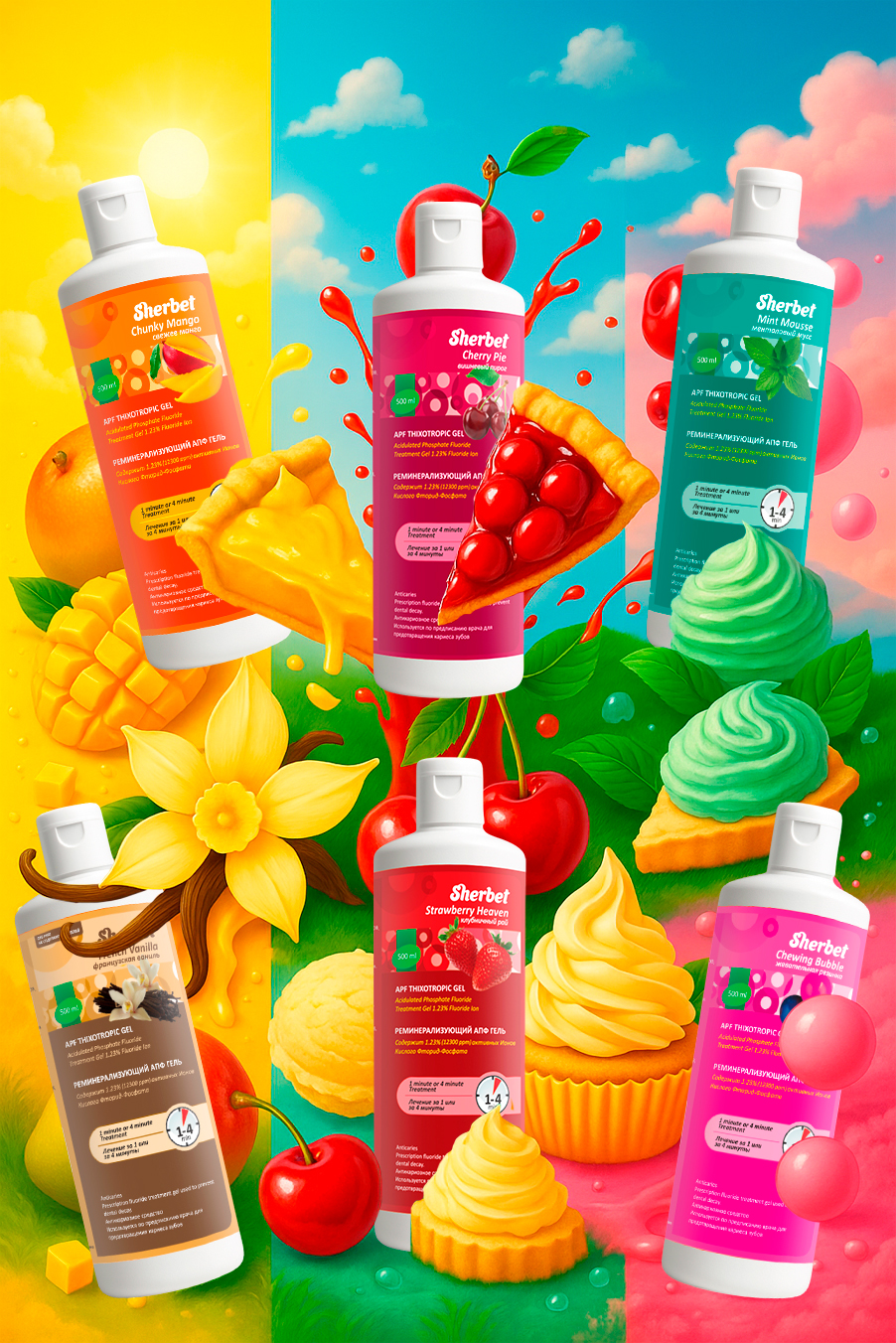 Реминерализующий АПФ гель Sherbet APF Thixotropic Gel; Вкус Ментоловый Мусс (Mint Mousse); объем 500 мл.