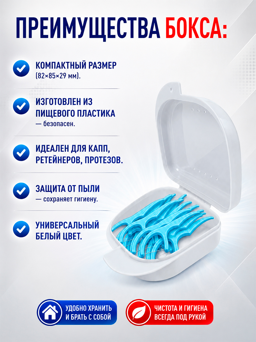 Зубная нить + зубочистка 2 в 1 (Флоссеры), 100 шт. + ПОДАРОК Plastic Box - Бокс пластиковый 82*85*29, белый