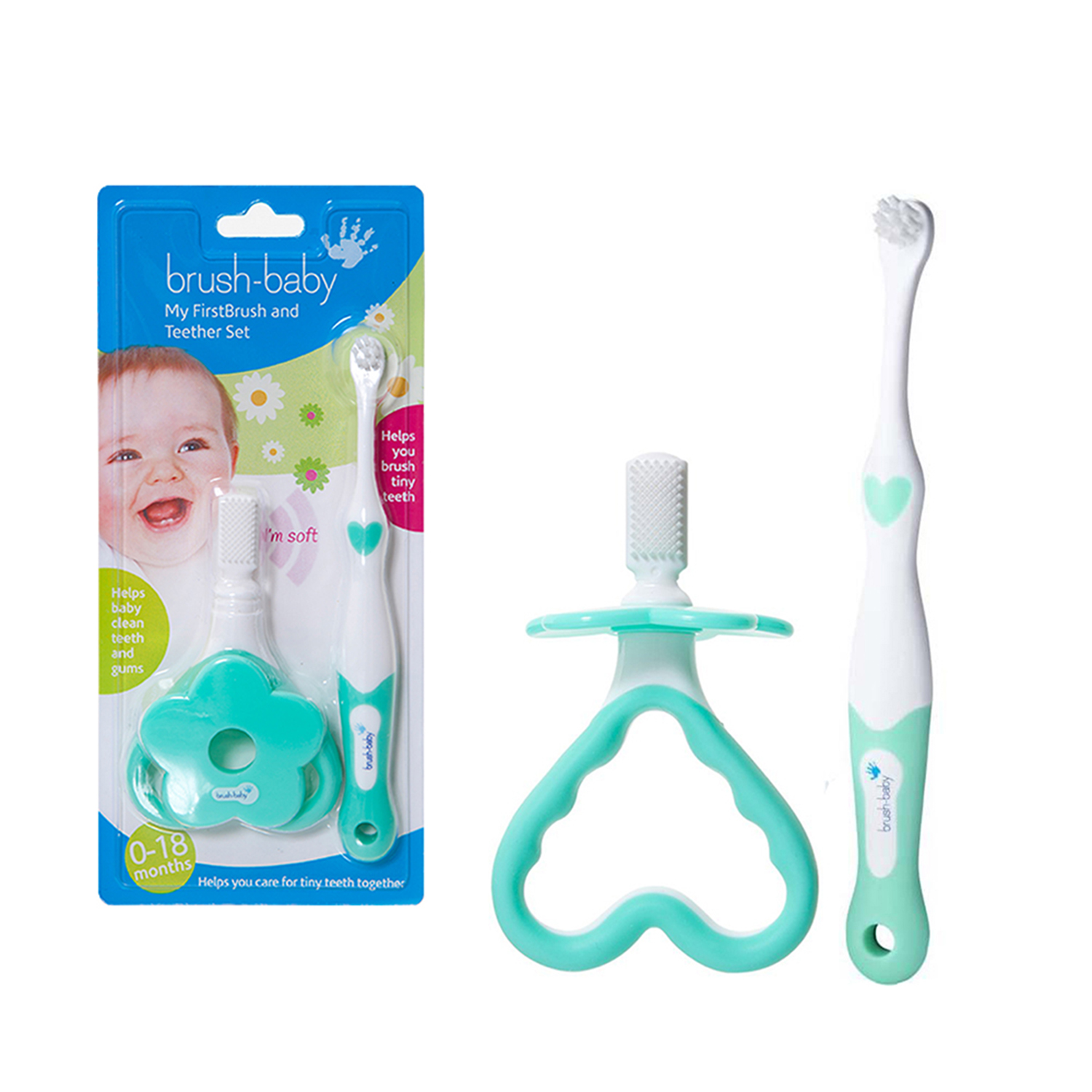 Brush Baby - Щетки зубные детские (0 -18 мес) FirstBrush and Teether Set, набор 2 шт. (бирюзовый)