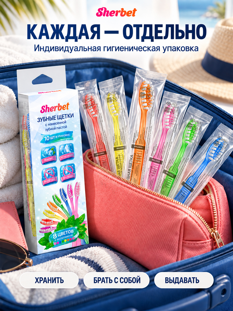 Зубная щетка с нанесенной зубной пастой "Sherbet" (10шт. в упаковке)