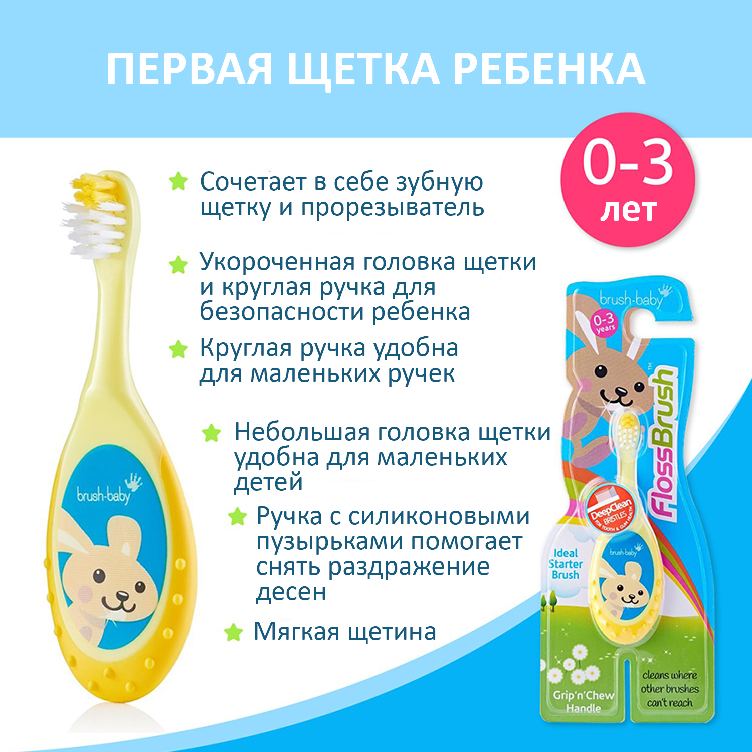 NEW Brush Baby - Щетка зубная детская (0 - 3 лет) FlossBrush (желтая)