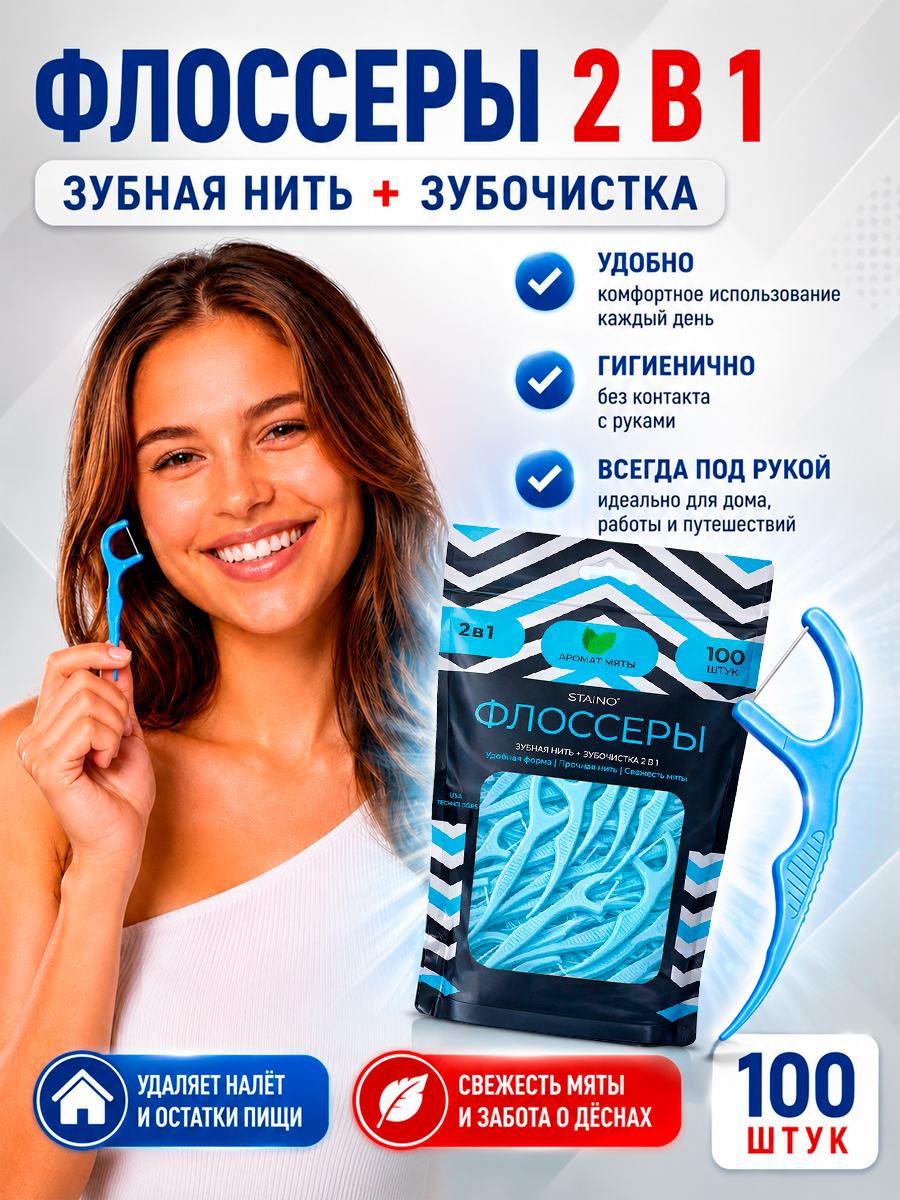 Зубная нить + зубочистка 2 в 1 (Флоссеры)