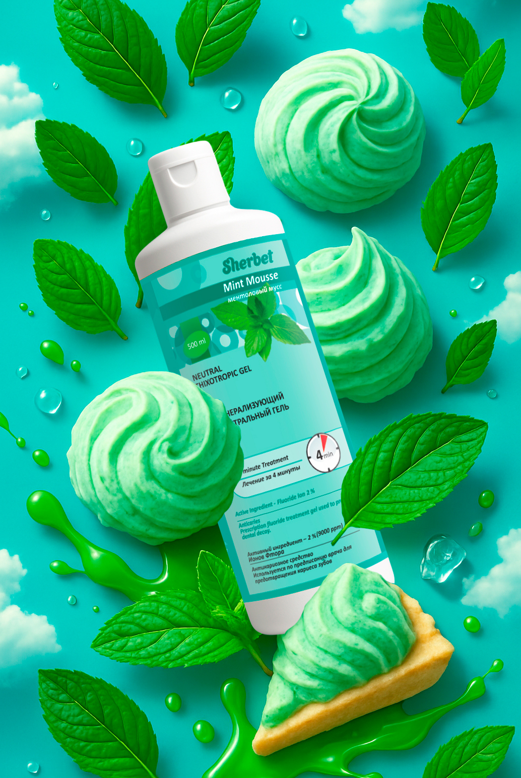 Реминерализующий рН-Нейтральный гель Sherbet Neutral Thixotropic Gel; Вкус Ментоловый мусс (Mint Mousse); объем 500 мл.