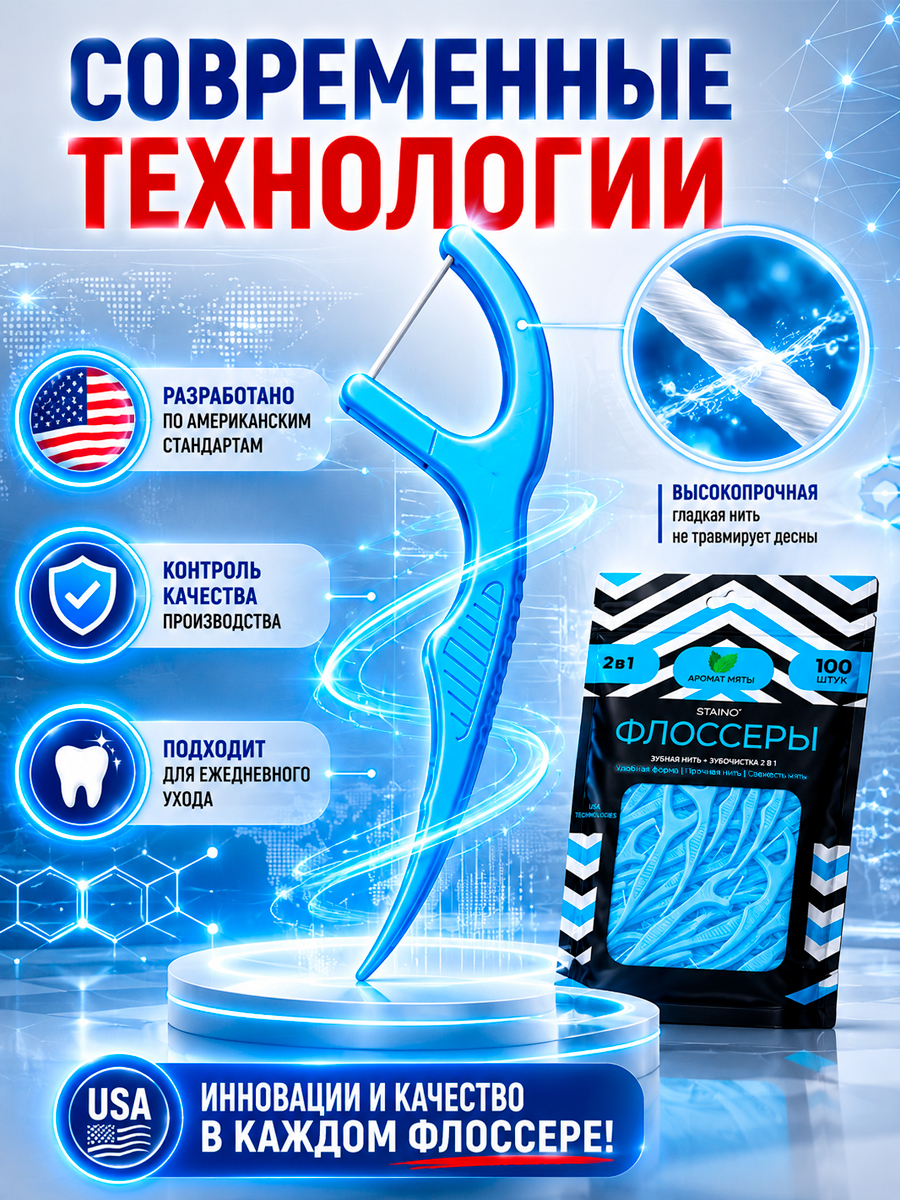 Зубная нить + зубочистка 2 в 1 (Флоссеры)