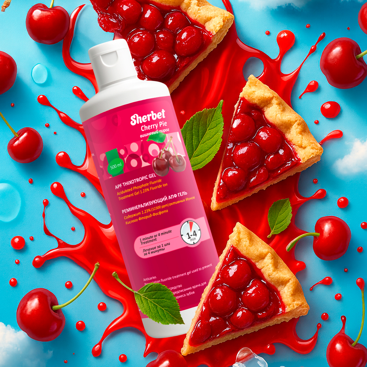 Реминерализующий АПФ гель Sherbet APF Thixotropic Gel; Вкус Вишневый пирог (Cherry Pie); объем 500 мл