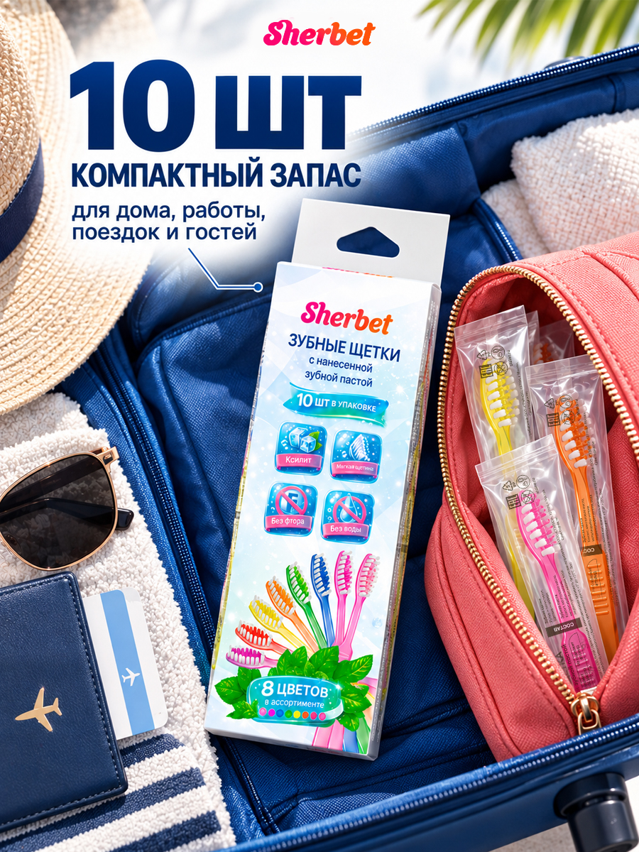 Зубная щетка с нанесенной зубной пастой "Sherbet" (10шт. в упаковке)