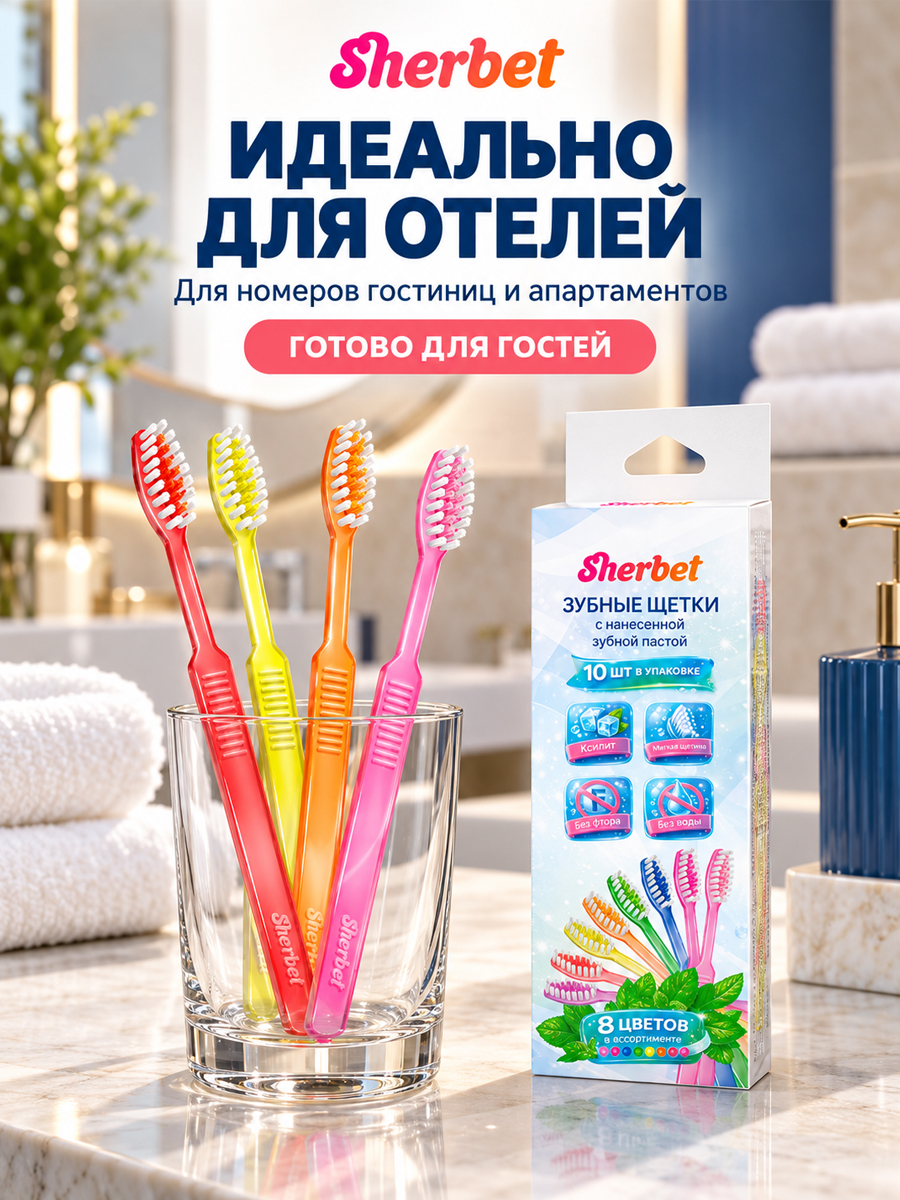 Зубная щетка с нанесенной зубной пастой "Sherbet" (10шт. в упаковке)