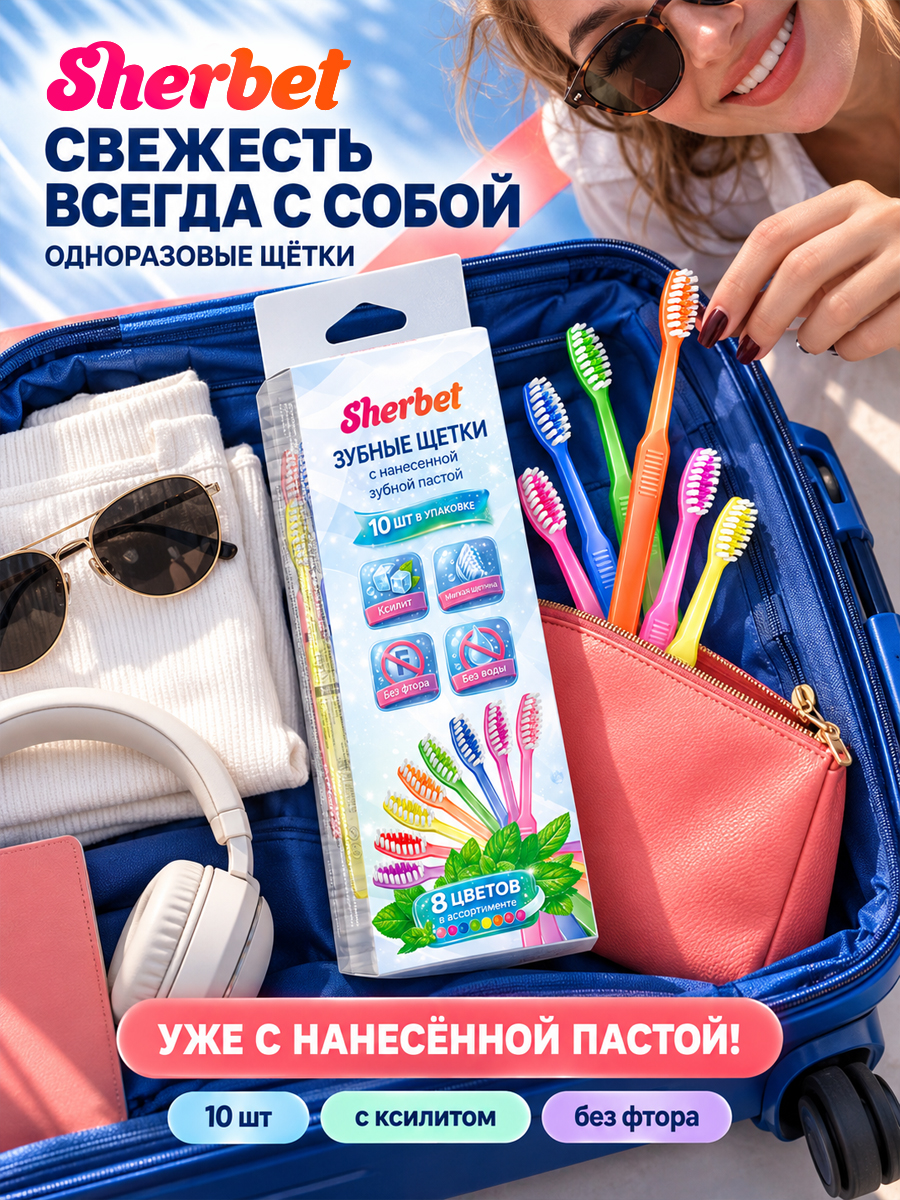 Зубная щетка с нанесенной зубной пастой "Sherbet" (10шт. в упаковке)