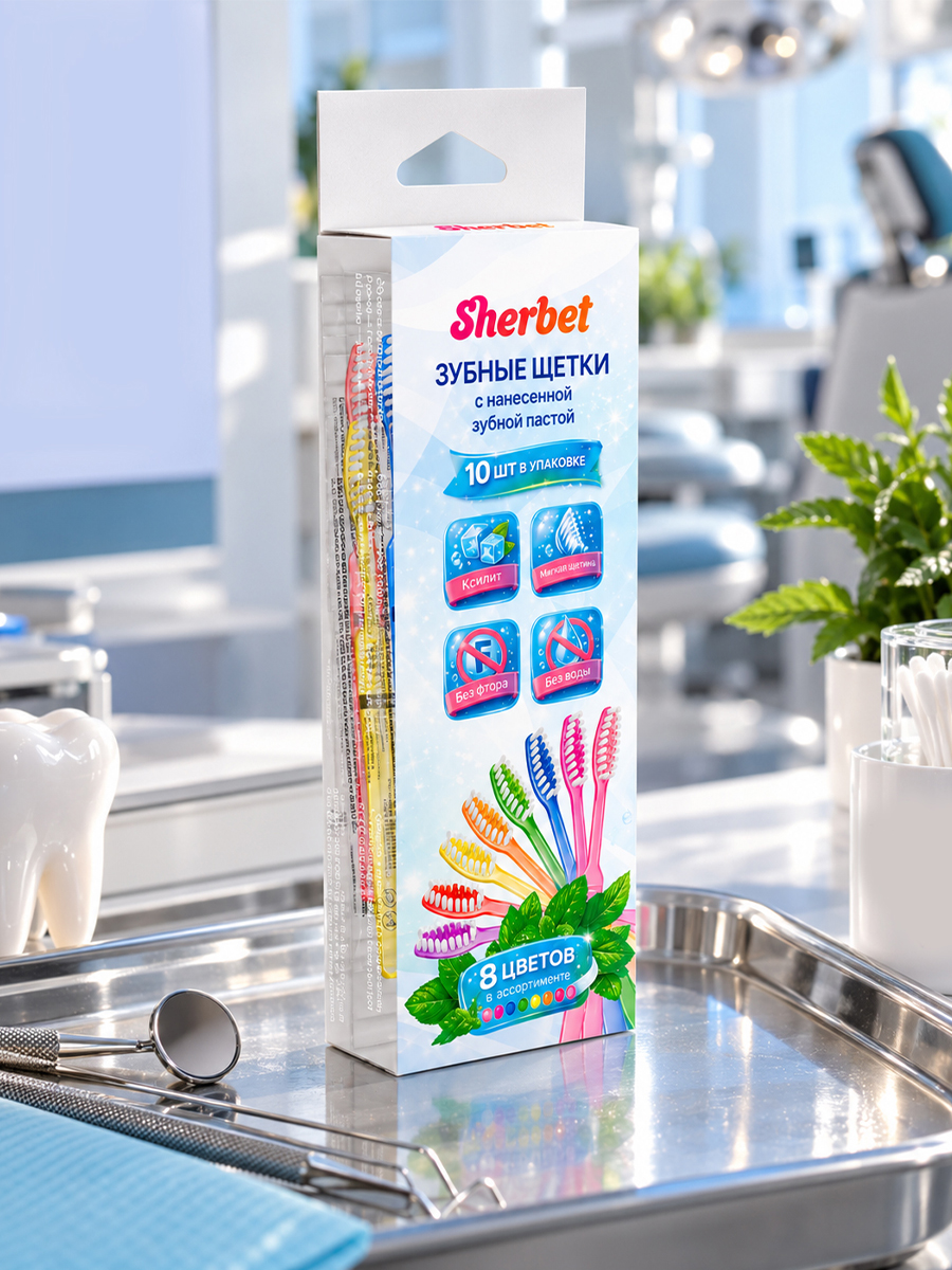 Зубная щетка с нанесенной зубной пастой "Sherbet" (10шт. в упаковке)