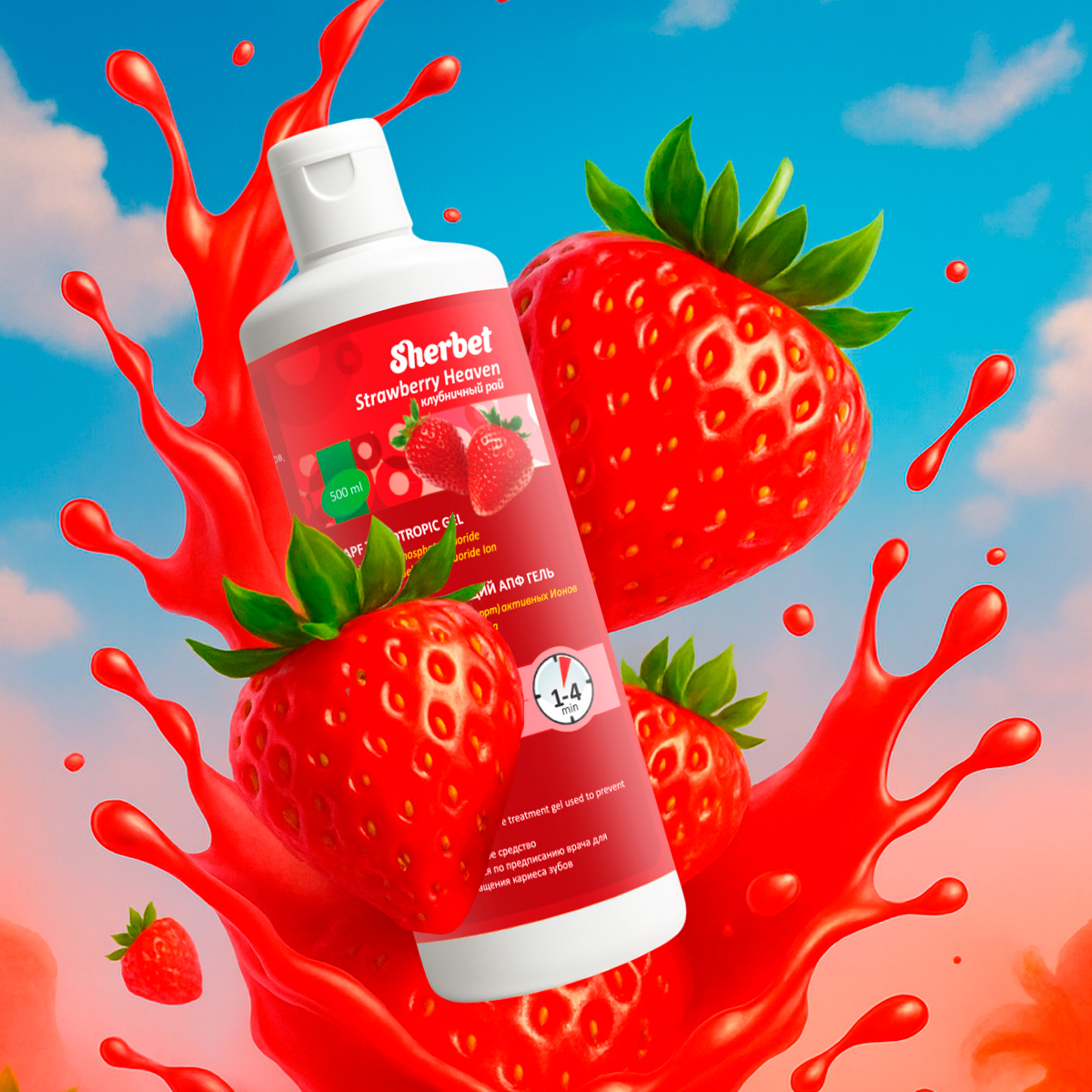 Реминерализующий АПФ гель Sherbet APF Thixotropic Gel; Вкус Клубничный рай (Strawberry Heaven); объем 500 мл